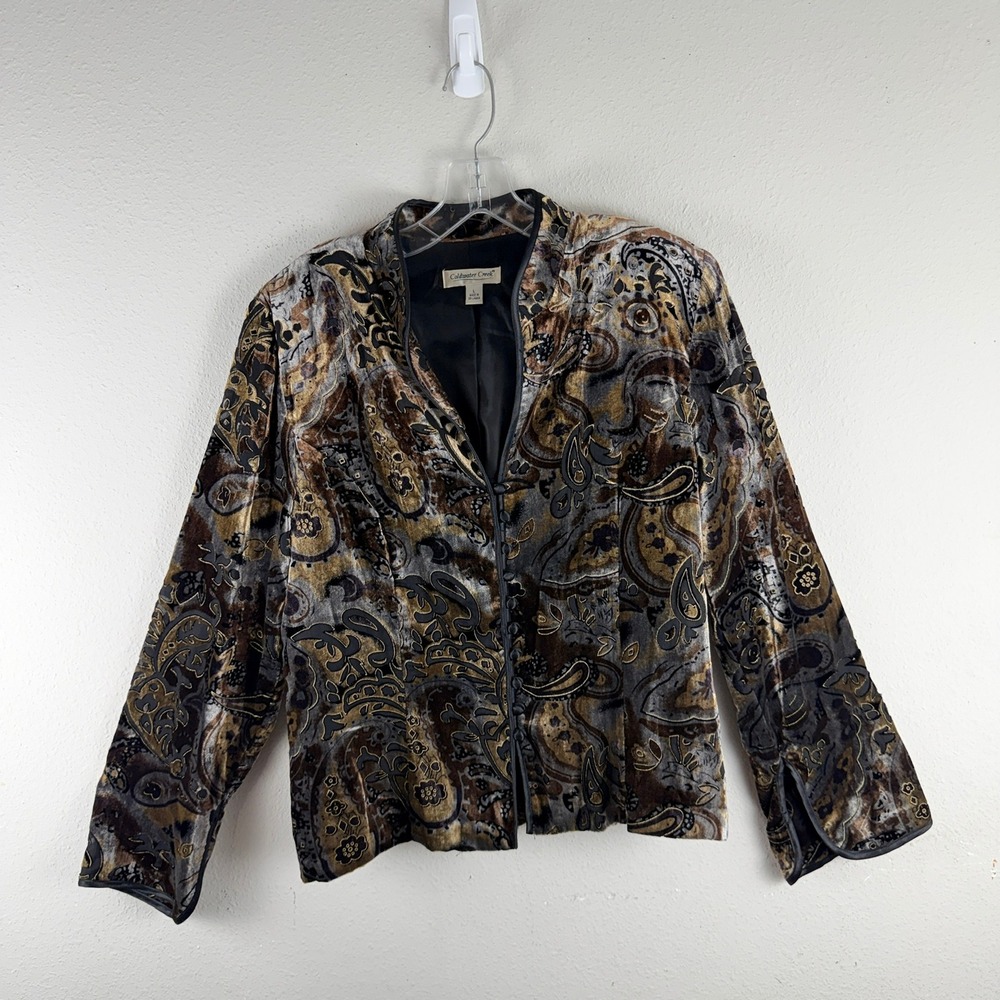 Coldwater Creek Velvet Paisley Jacket L Brown Gold Burnout Boho Career Elegant